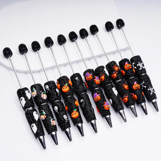 New Arrival Halloween Themed Beaded Pens Pumpkin Ghost Decor with Rhinestones for Festival Promotion