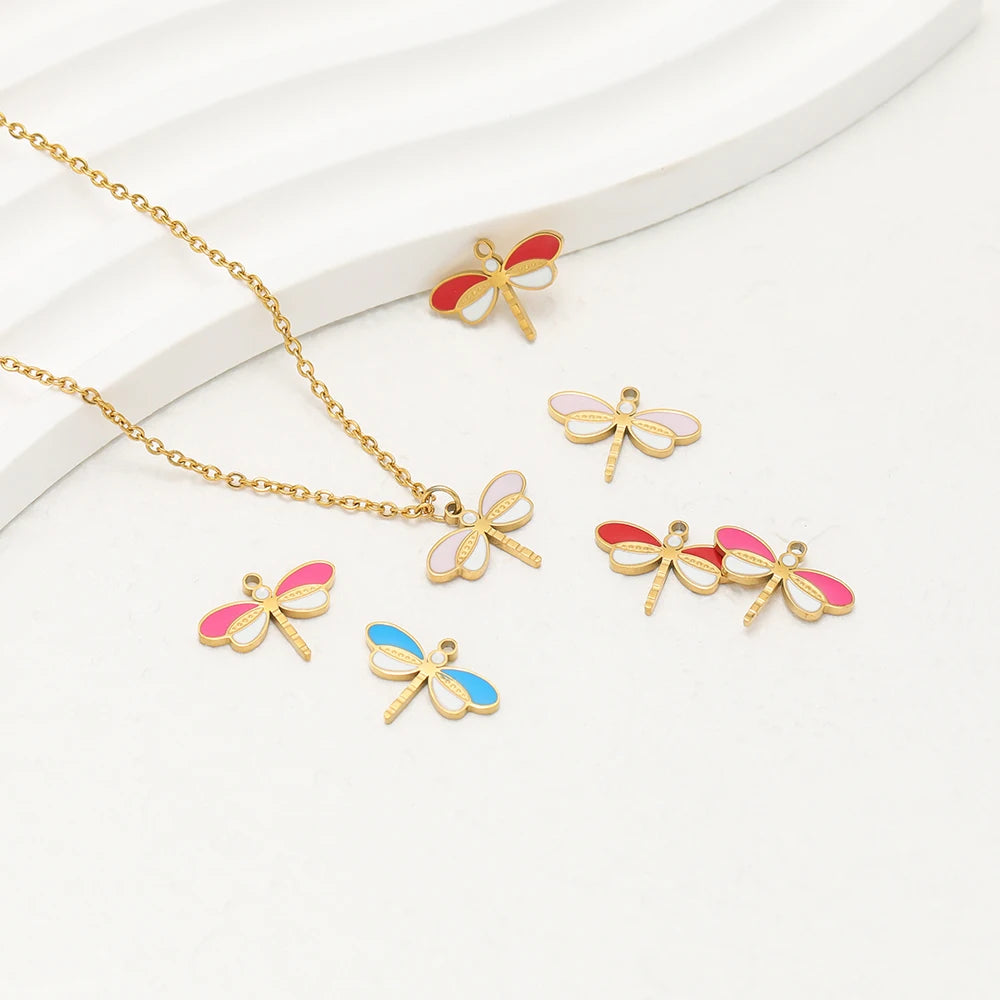 Factory Wholesale 18k Gold Plated Stainless Steel Enamel Dragonfly Charm Pendant for DIY Necklace Earrings Jewelry Making