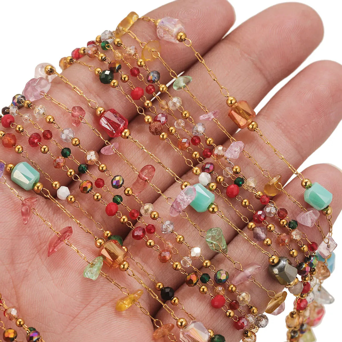 E545 New Stainless Steel 18K Gold Plated Preserving Crystal Colored Bead Chain Handmade Bracelet Necklace Glasses Chain