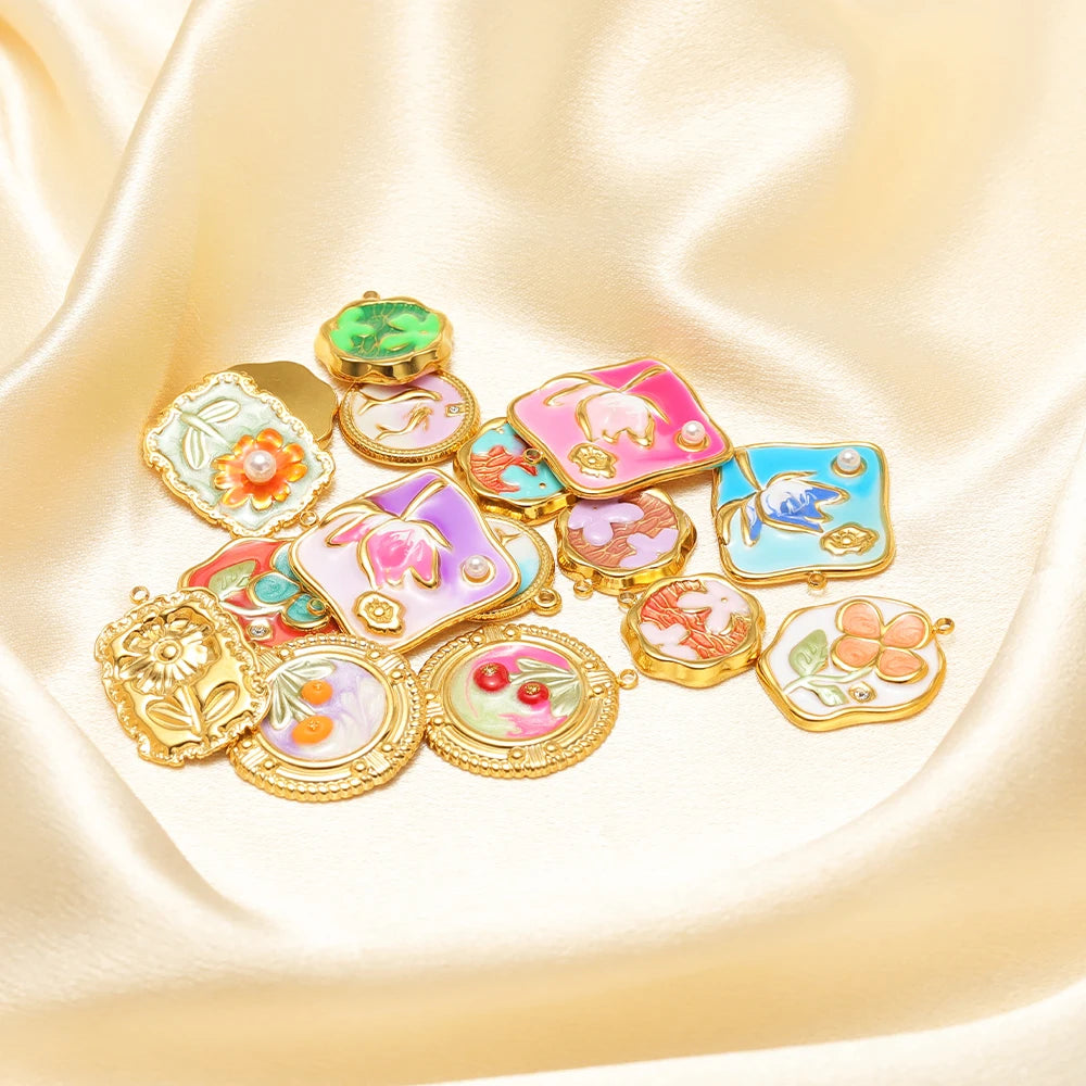 Exquisite Oil Drop Painted Flower Charm 18k Gold Plated Stainless Steel Enamel Round Square Pendant for Necklace Jewelry Making