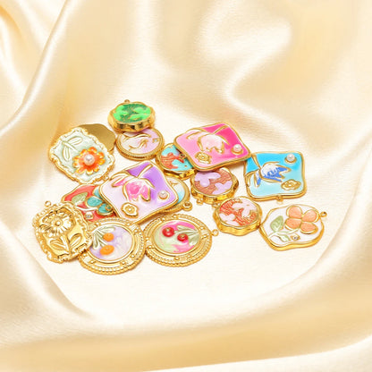Exquisite Oil Drop Painted Flower Charm 18k Gold Plated Stainless Steel Enamel Round Square Pendant for Necklace Jewelry Making