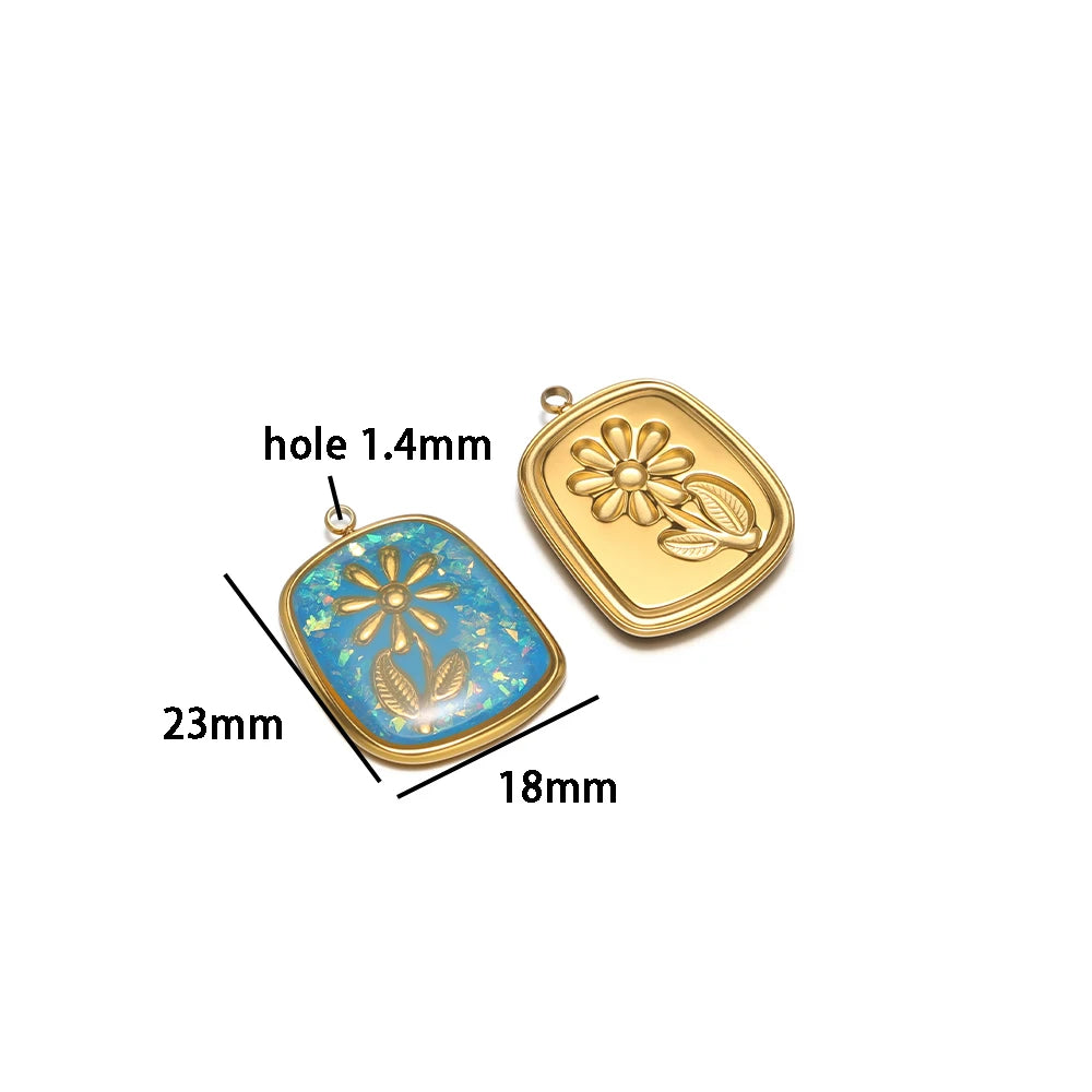 Fashion 18k Gold Plated Stainless Steel Square Enamel Flower Charm Pendant for DIY Necklace & Earring Making Accessories