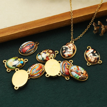 Wholesale 18k Gold Plated Stainless Steel  Religious Jesus the Madonna Oval Charm Pendant for DIY Necklace Jewelry Making