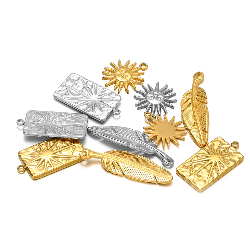 Vintage 18k Gold Plated Stainless Steel Rectangular Sun Feather Charm Pendant for Necklaces Jewelry Making
