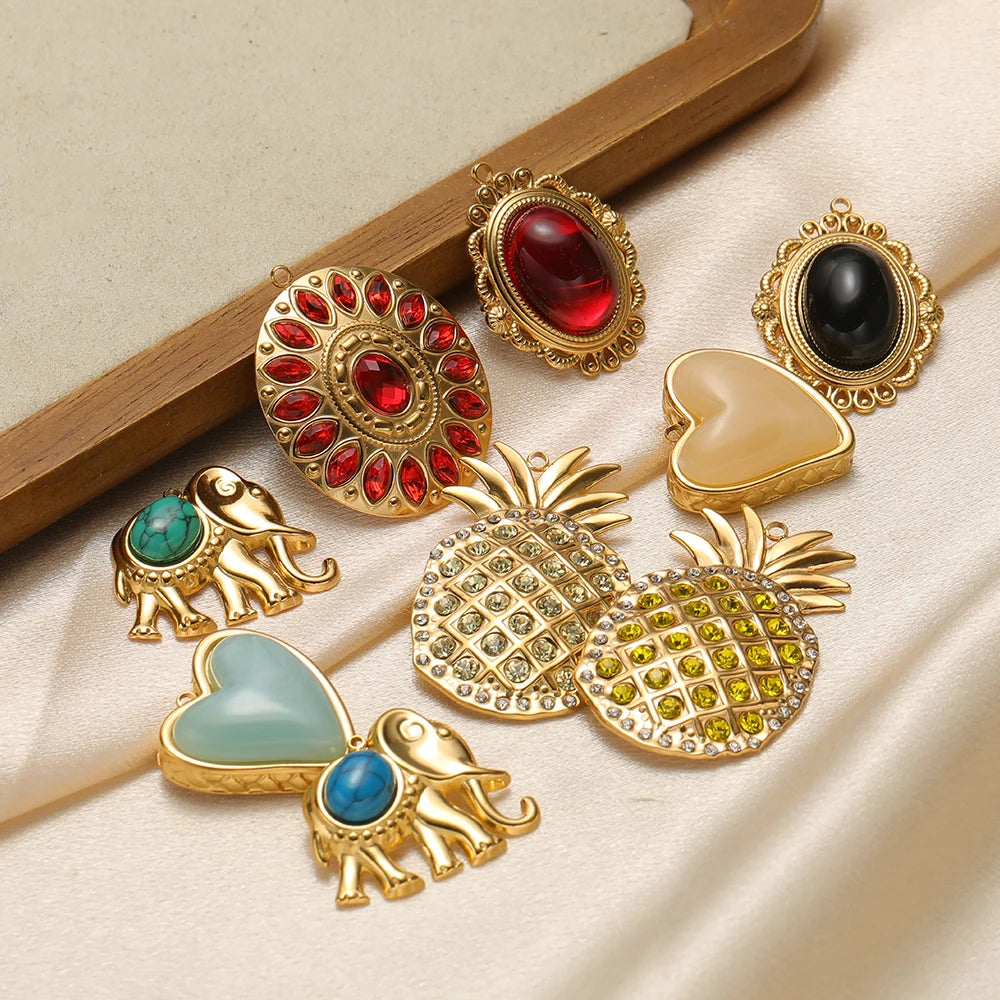 Wholesale Stainless Steel 18k Gold Plated Enamel Elephant Pineapple Heart Zircon Charm Pendant for Jewelry Necklace Making