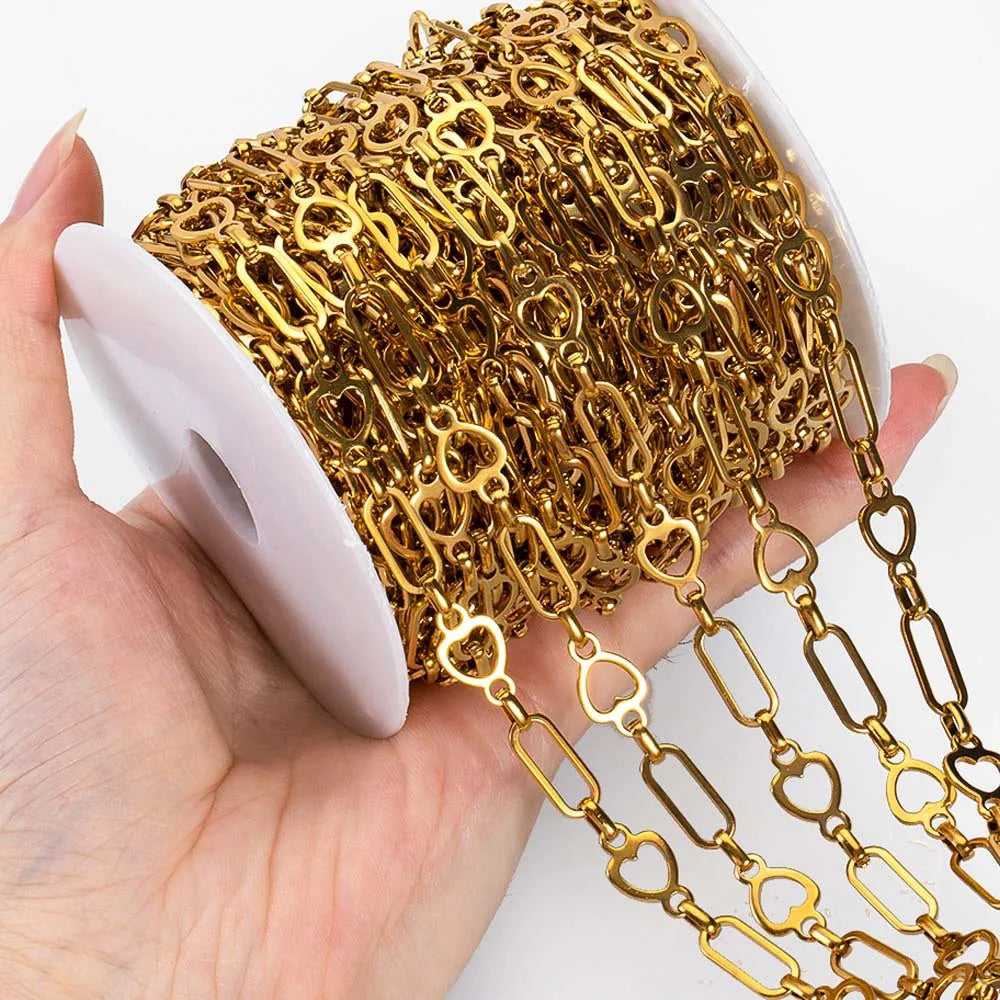 E258 Non Tarnish Gold Silver Chain Waterproof Stainless Steel Chains Paper Clip Heart Chains for Jewelry Custom Diy