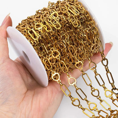 E258 Non Tarnish Gold Silver Chain Waterproof Stainless Steel Chains Paper Clip Heart Chains for Jewelry Custom Diy