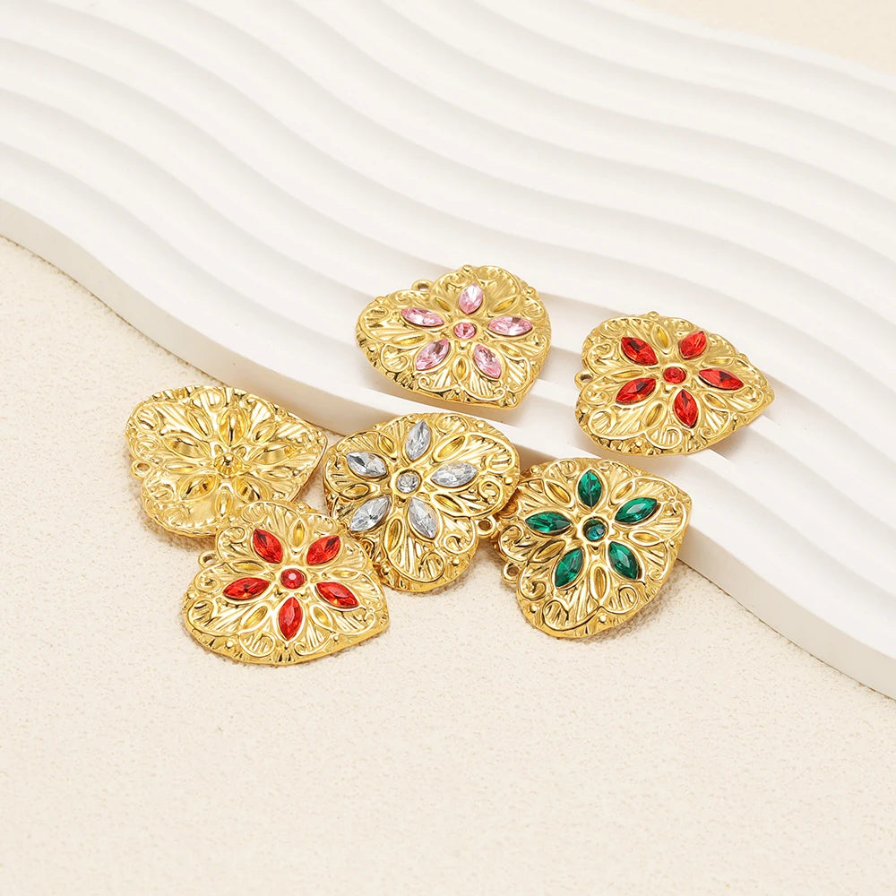 Heart Shaped Charm18k Gold Plated Stainless Steel Five-petaled Flowers Zircon Pendant for DIY Necklace Jewelry Making