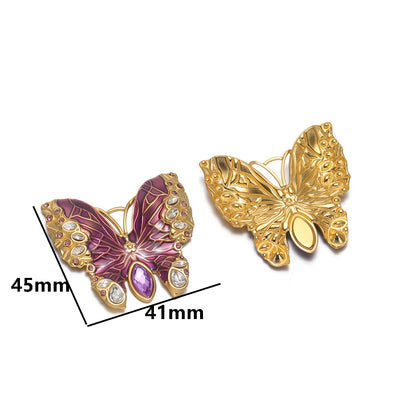 Retro Exquisite 18k Gold Plated Stainless Steel Enamel Butterfly Zircon Charm Pendant for DIY Necklace Jewelry Making
