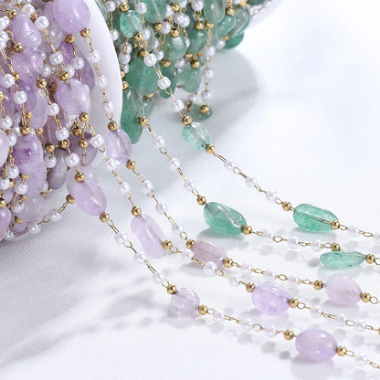 A1864 Good Quality Natural Chip Beads Chain Amethyst Crystal Beads Stainless Steel Chain with Pearl Beaded Diy Jewelry