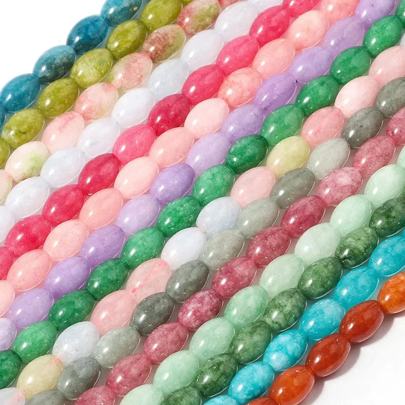 New Natural 8x12mm Rice Dyed Rainbow Colorful Jade Loose Bead, Mutil-color Jade Tourmaline Beads for DIY Women Jewelry Making