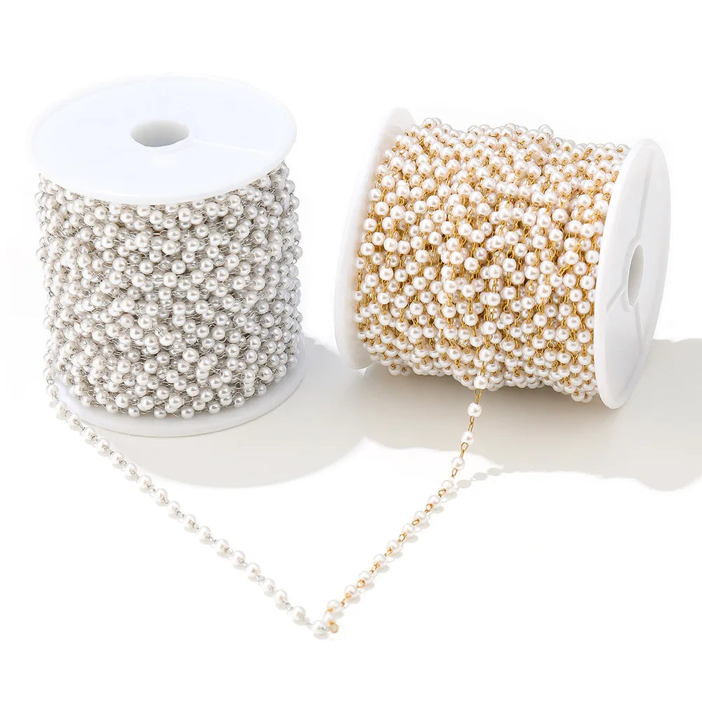 E048 Pearl Beads Chain Gold Silver Stainless Steel Link Waterproof Chain for Necklace Bracelet Making