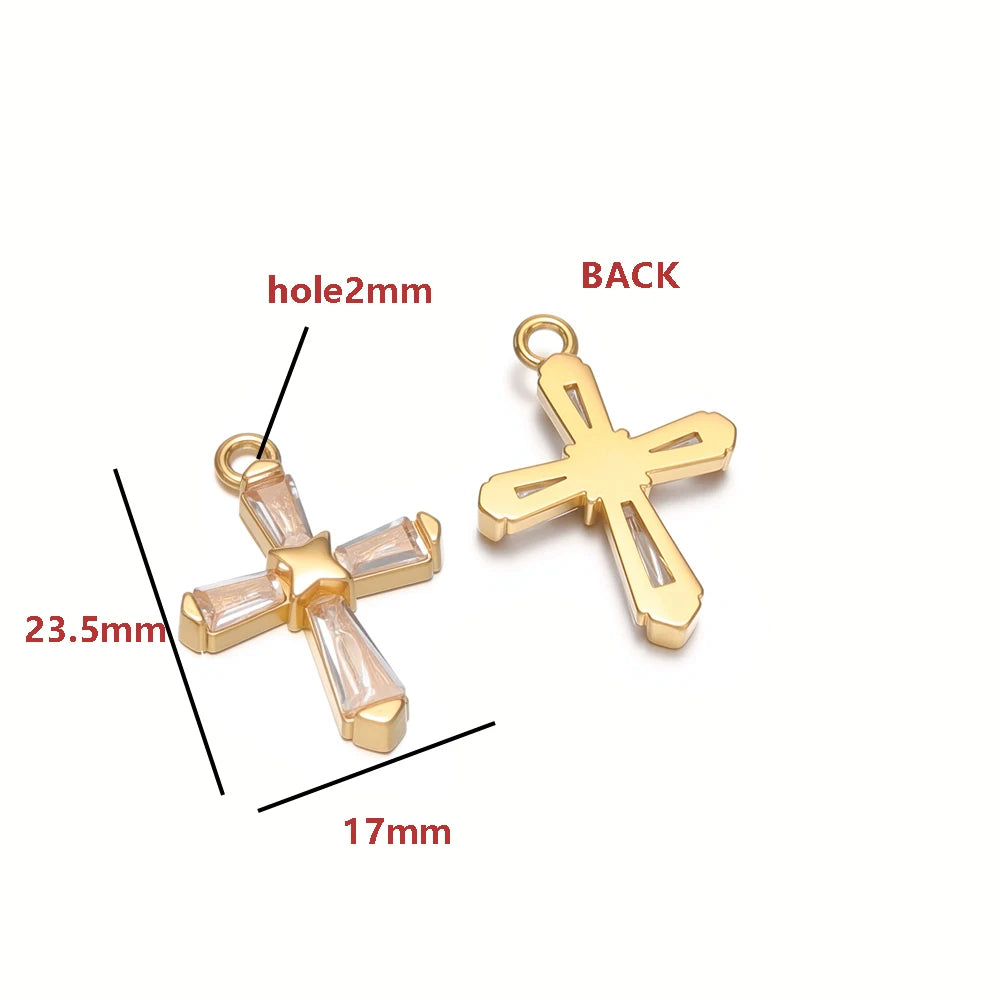 18K Gold Hollow Cross Charm Single-sided Zircon Inlay Geometric Rectangle CZ Pendant Findings Religious Jewelry DIY Necklace