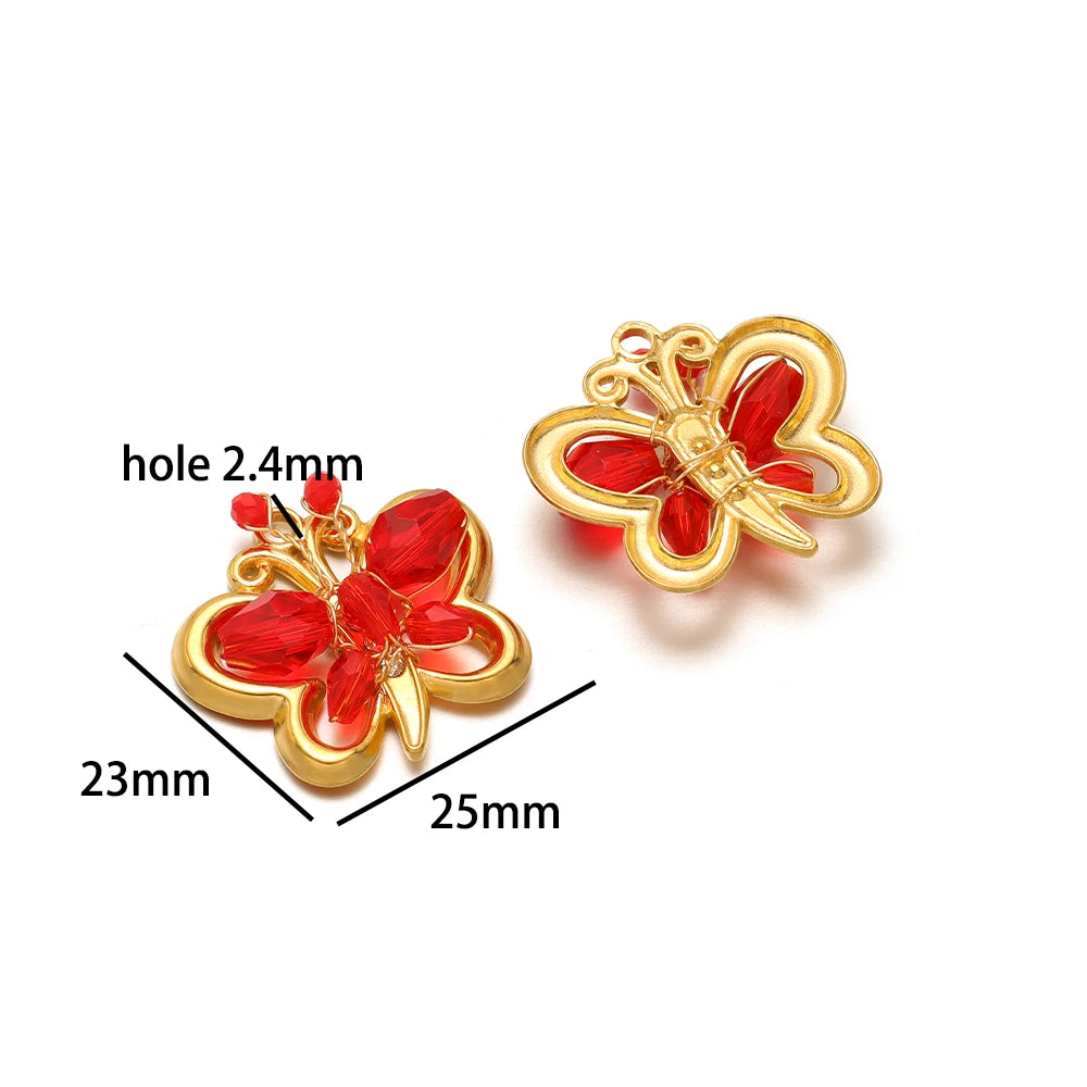 Trend Creative 18k Gold Plated Stainless Steel Flower Butterfly Heart Crystal Glass Bead Charm Pendant for  DIY Jewelry Making