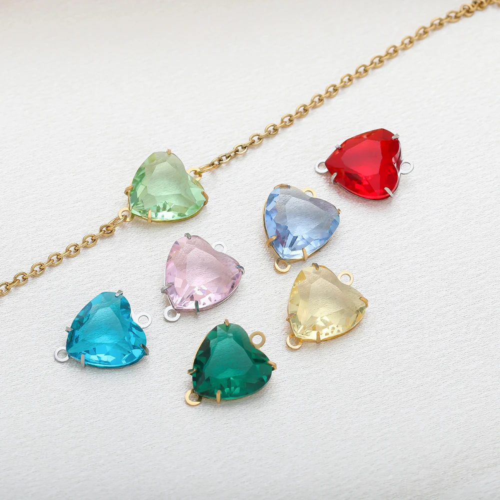 12mm Stainless Steel Gold Plated Double Hole Love Heart Crystal Charm Pendant for Jewelry Necklace Making Jewelry Accessories