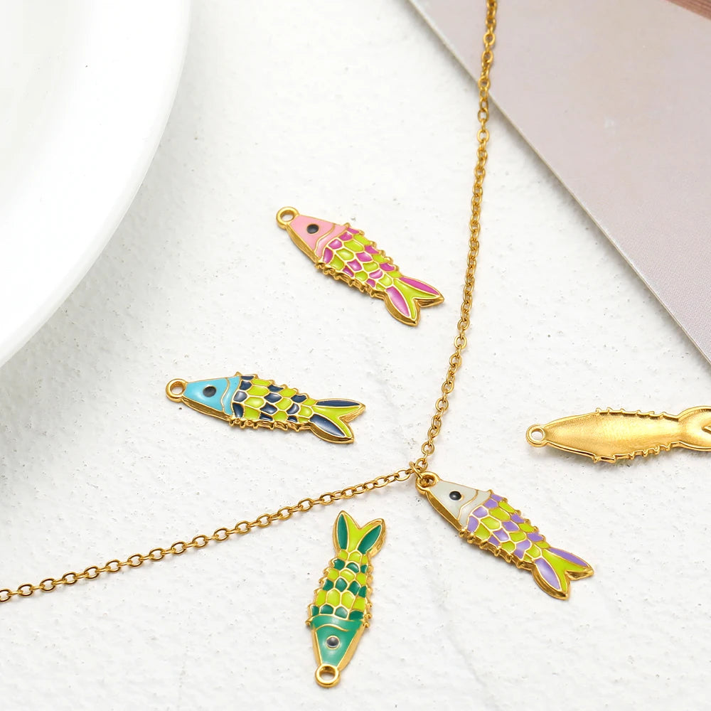 18K Gold Plated Stainless Steel Colorful Oil Drip Fish Charm Pendant for Fashion Jewelry Earring Necklace Making