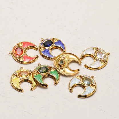 18K Gold Plated 24*22mm Wide Hollow Moon Single-Sided Oil Dripping Point Color Diamond Pearl 1.5mm Single-Hole Light Green