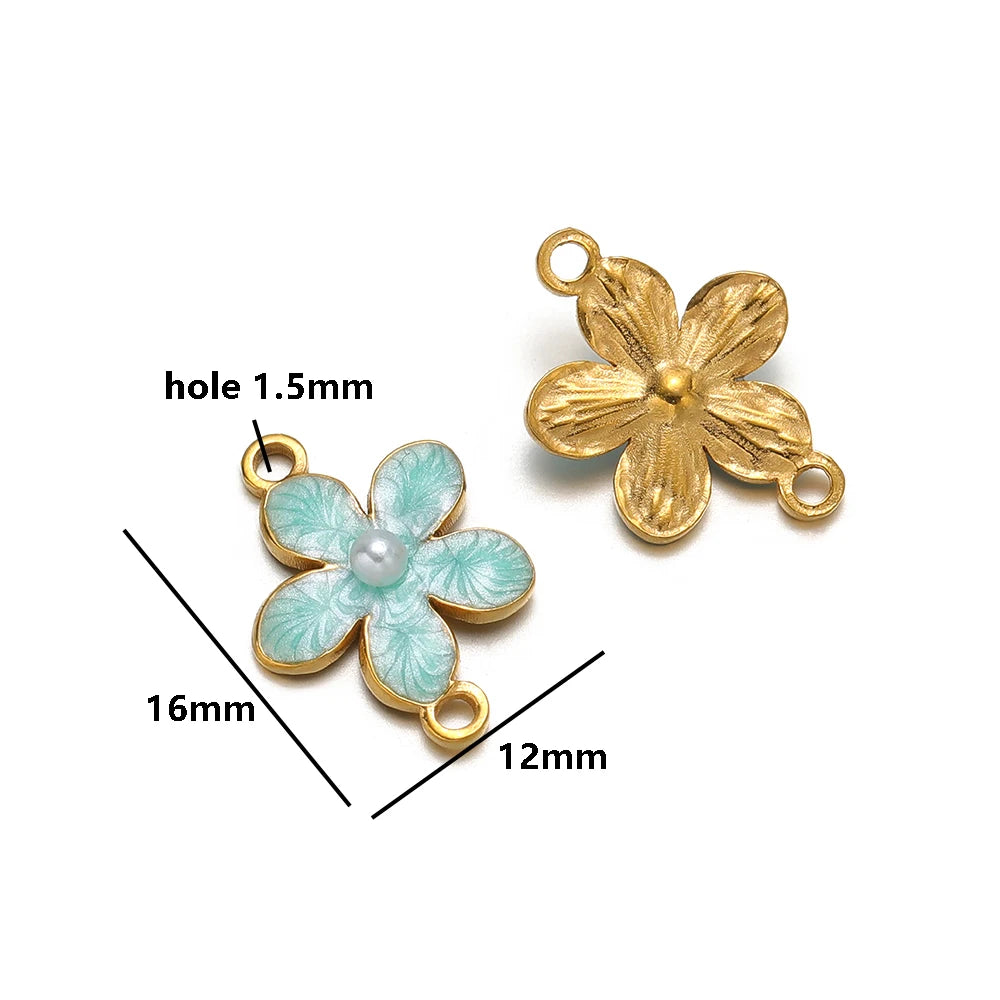 Enamel Flower Charms 18k Gold Plated Stainless Steel Double Hole Flower Pearl Charm Pendant for DIY Jewelry Making Accessories