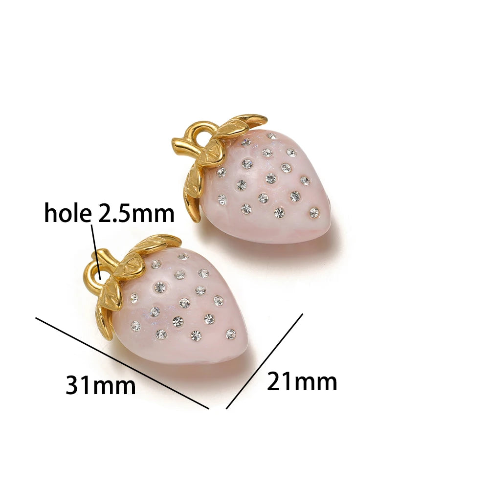 Lovely Fruit Charms 18k Gold Plated Stainless Steel Enamel Cherry Strawberry Zircon Charm Pendant for DIY Jewelry Making