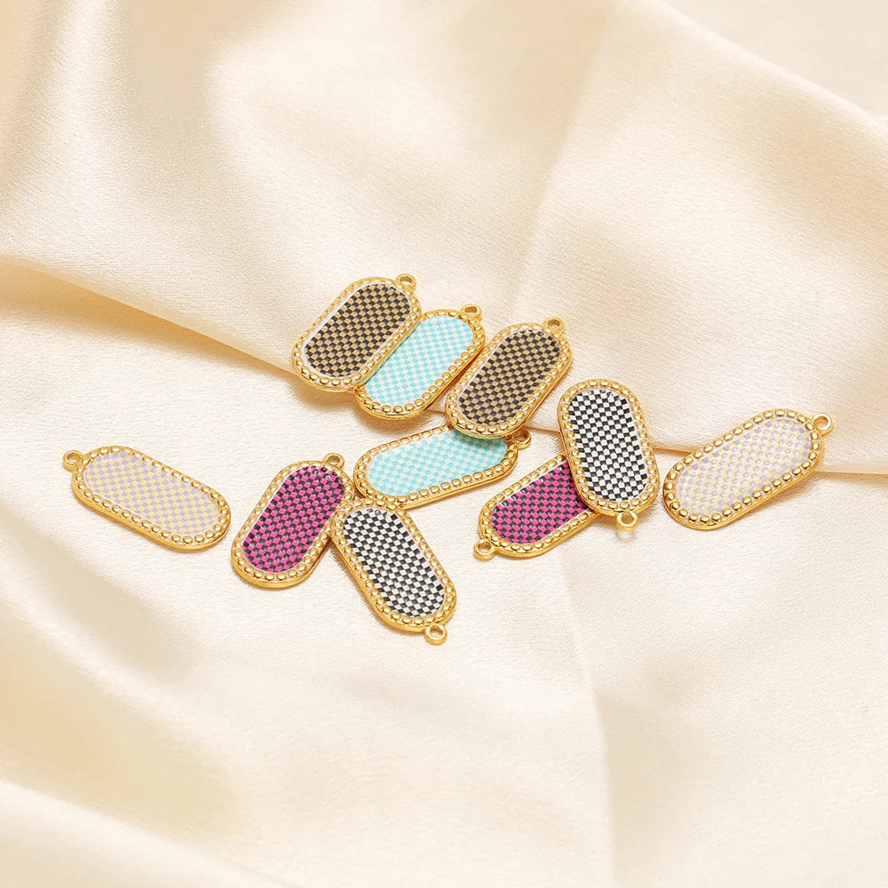 Wholesale Stainless Steel 18k Gold Plated Enamel Oval Gridding Charms Pendant for Diy Jewelry Necklace Making