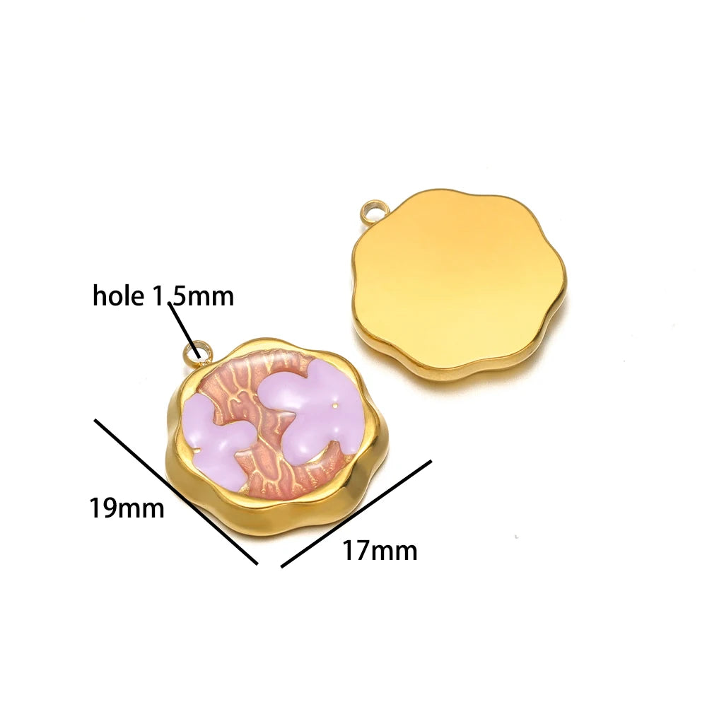 Exquisite Oil Drop Painted Flower Charm 18k Gold Plated Stainless Steel Enamel Round Square Pendant for Necklace Jewelry Making
