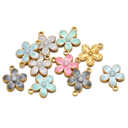 Enamel Flower Charms 18k Gold Plated Stainless Steel Double Hole Flower Pearl Charm Pendant for DIY Jewelry Making Accessories