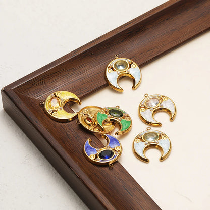 18K Gold Plated 24*22mm Wide Hollow Moon Single-Sided Oil Dripping Point Color Diamond Pearl 1.5mm Single-Hole Light Green