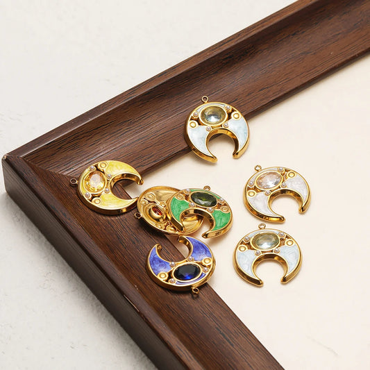 18K Gold Plated 24*22mm Wide Hollow Moon Single-Sided Oil Dripping Point Color Diamond Pearl 1.5mm Single-Hole Light Green