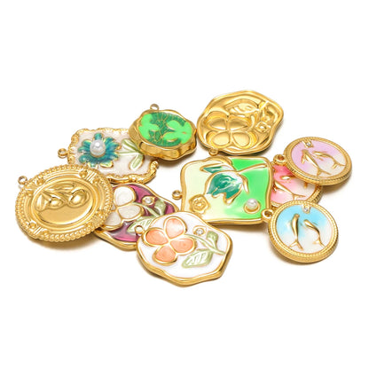 Exquisite Oil Drop Painted Flower Charm 18k Gold Plated Stainless Steel Enamel Round Square Pendant for Necklace Jewelry Making