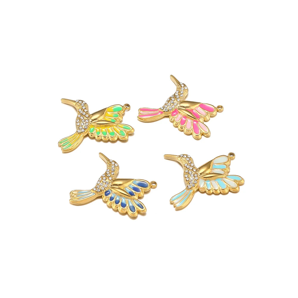 Delicate Stainless Steel 18k Gold Plated Enamel Aerial Bird Zircon Charms Pendant for Women Jewelry Necklace Making Accessories