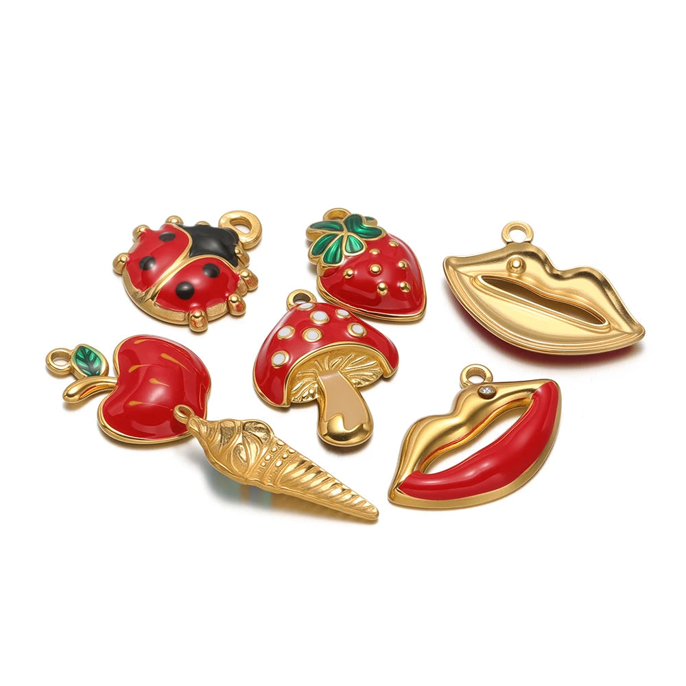 Wholesale 18k Gold Plated Stainless Steel Enamel Ladybird Insect Apple Strawberry Mushroom Charm Pendant for Jewelry Making