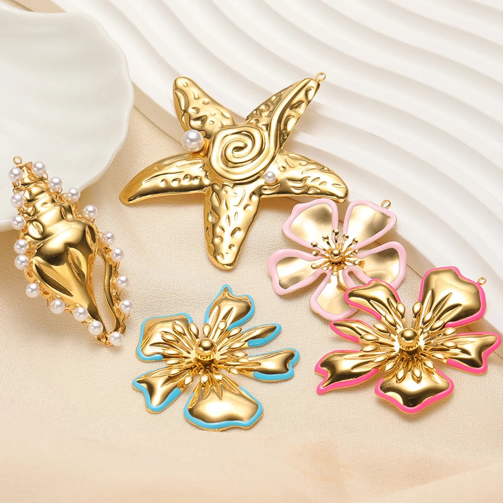 New Fashion Stainless Steel 18k Gold Plated Enamel Flower Conch Starfish Charm Pendant for Jewelry Necklace Making