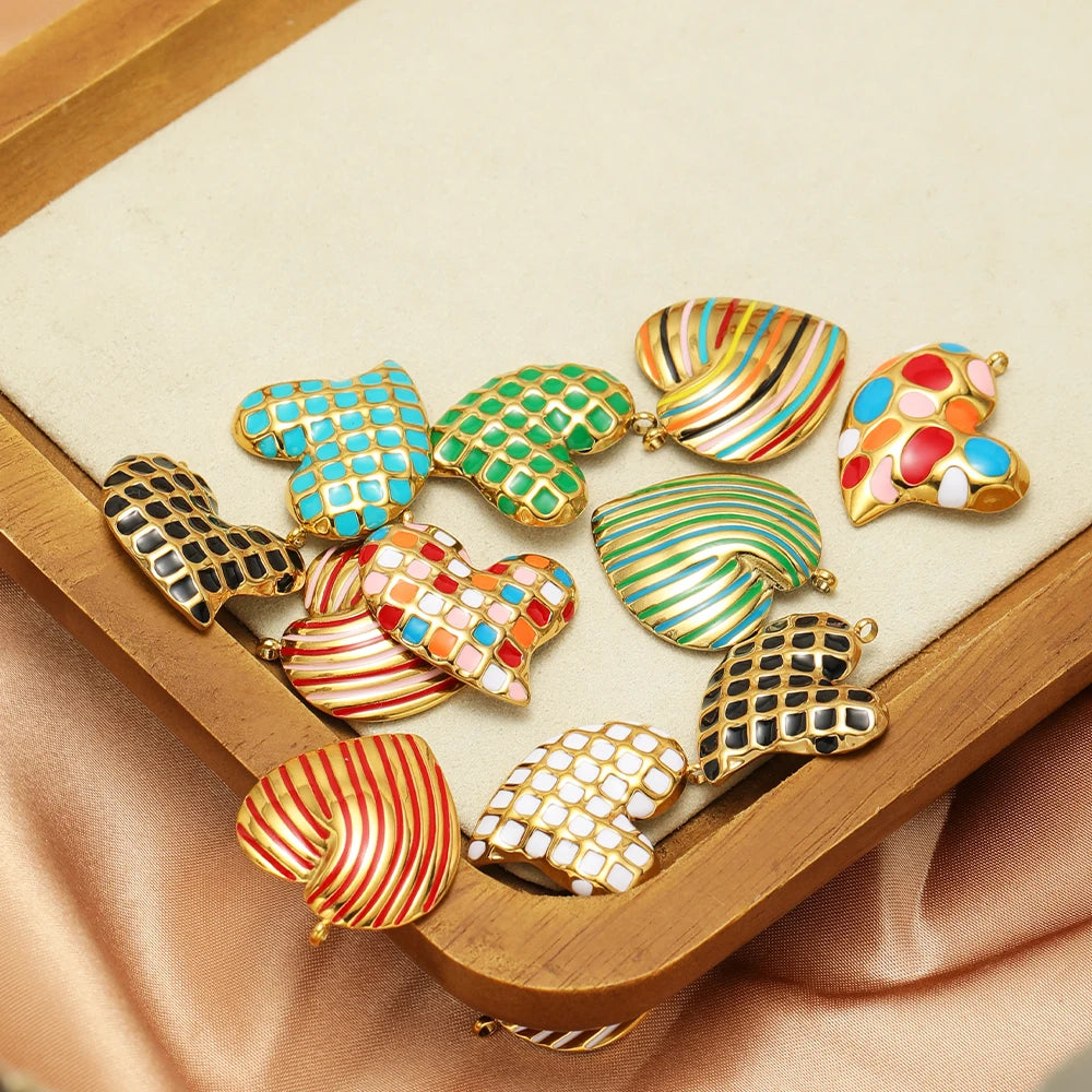 Bohemian Style 18k Gold Plated Stainless Steel Colorful Enamel Heart Charm Pendant for DIY Necklace Jewelry Making