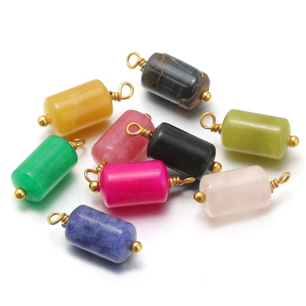 Fashion Jewelry Stainless Steel 18K Gold Plated Cylinder Color Natural Stone Charm Pendant for Jewelry Necklace Making Wholesale