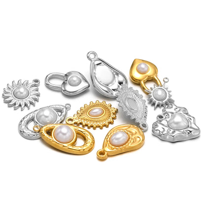 Vintage Style 18k Gold Plated Stainless Steel Heart Sun Lock Oval Pearl Charm Pendant for Women Jewelry Making Accessories