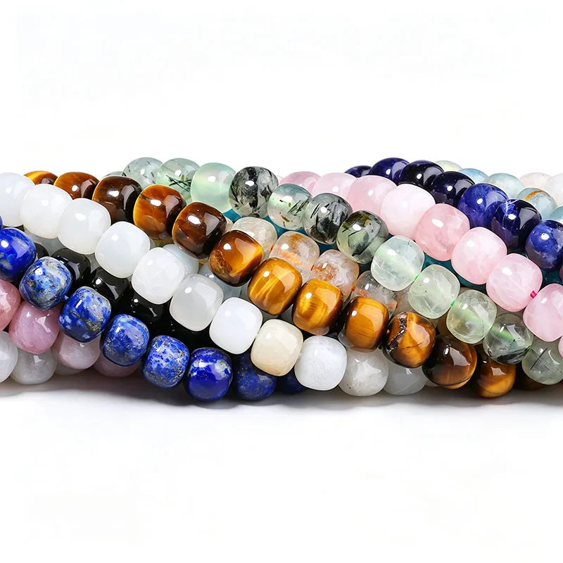 Natural Tube Stone Beads, Rounded Barrel Drum Shaped Aquamarine Kunzite Lapis Apatite Gemstone Bead for Jewelry Making 7x8mm