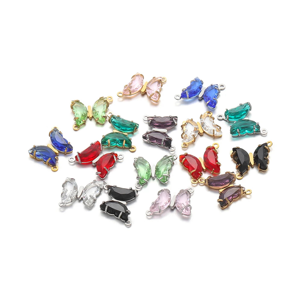 Colorful PendantStainless Steel Gold Plated Double Hole Butterfly Crystal Stone Charm Pendant for Necklace Jewelry Making