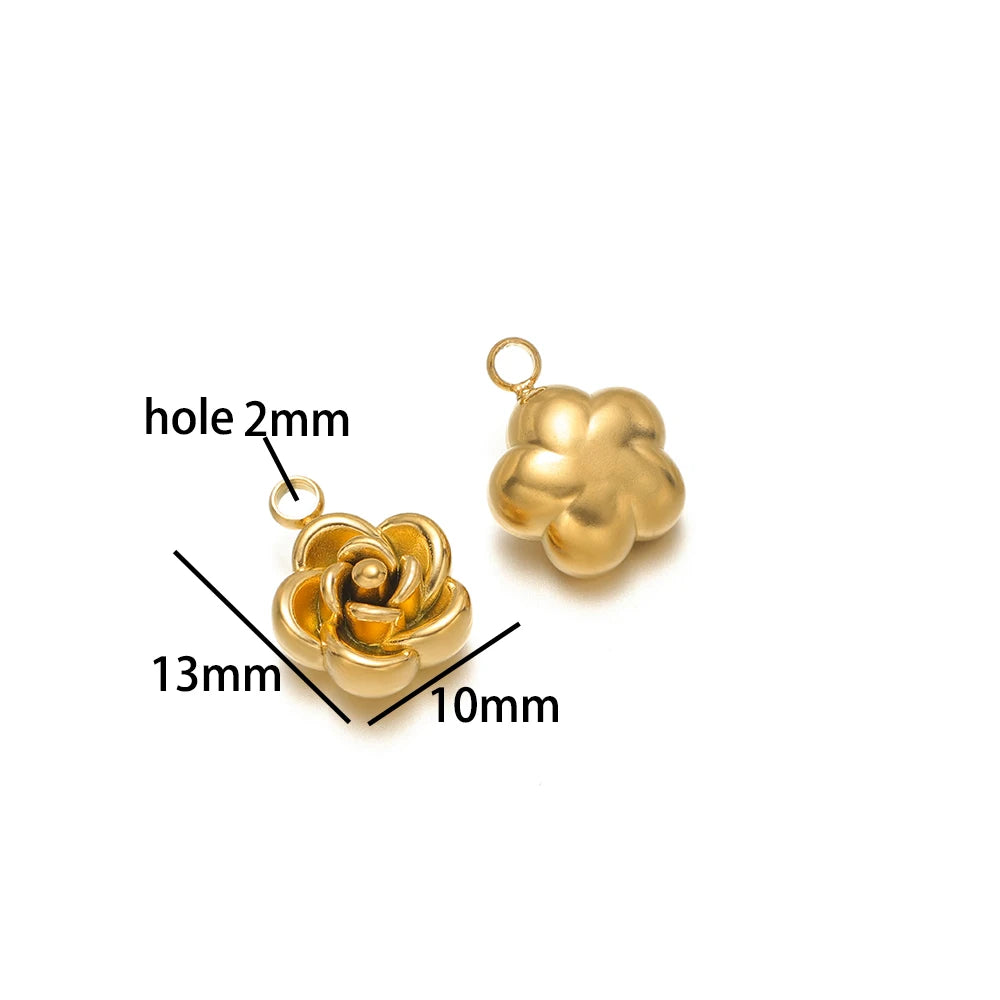 Retro Design 18k Gold Plated Stainless Steel Rose Bead Pendant Flower Charm Pendant for Bracelet Necklace Jewelry Making