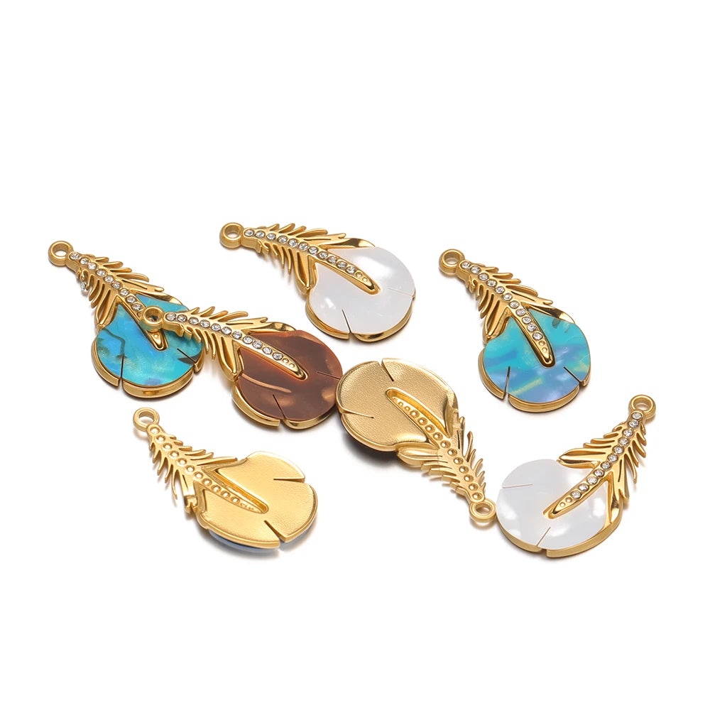 New Trendy Stainless Steel 18k Gold Plated Zircon Leaf Charm Pendant for Jewelry Making Wholesale Jewelry Supplies