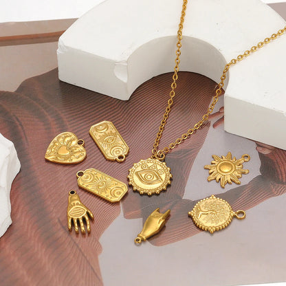 Vintage Fashion Stainless Steel Gold Plated Moon Hand Round Cross Sun  Eye Charm Pendant for Jewelry Necklace Earring Making