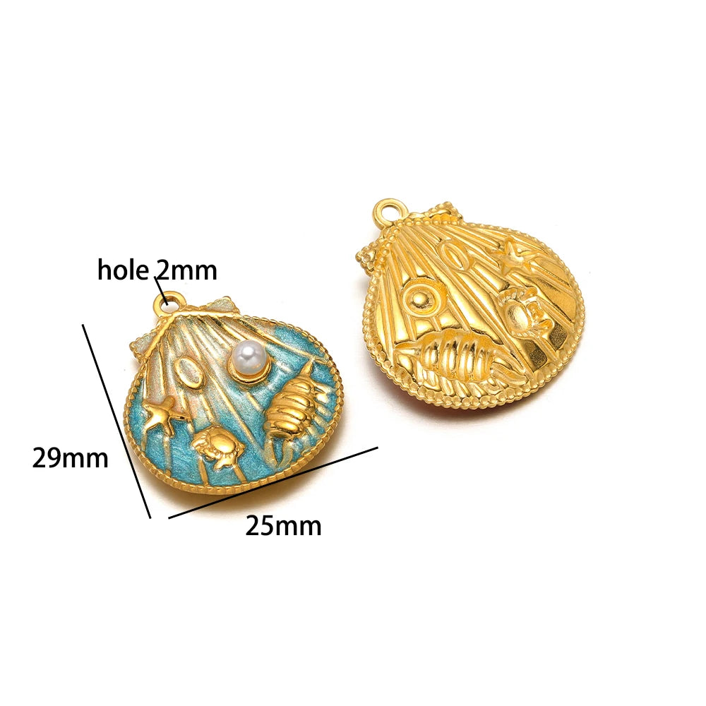New Arrival 18k Gold Plated Stainless Steel Enamel Starfish Shell Pearl Charm Pendant for Jewelry Making Accessories