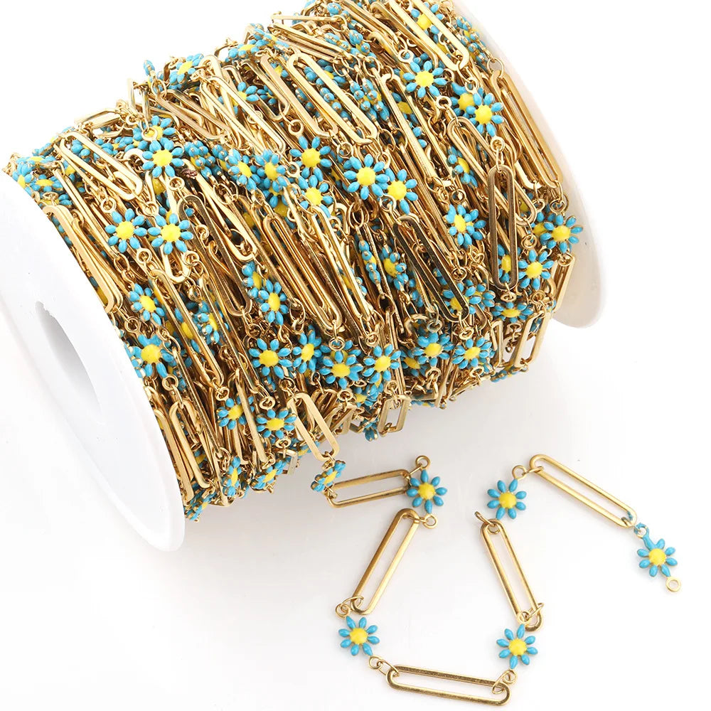 B1587 Paper Clip Daisy Enamel Chain Ins Stainless Steel Chain Jewelry Chain for Necklace Diy