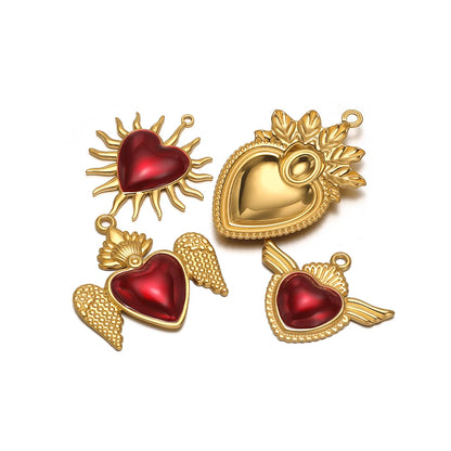 Fashion Design Stainless Steel 18k Gold Plated Red Enamel Heart Charm Pendant for Jewelry Necklace Making Accessories