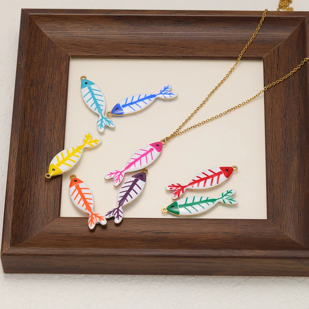 Handmade 18k Gold Plated Stainless Steel Enamel Cute Beach Fishbone Charm Pendant for Jewelry Necklace Making Accessories