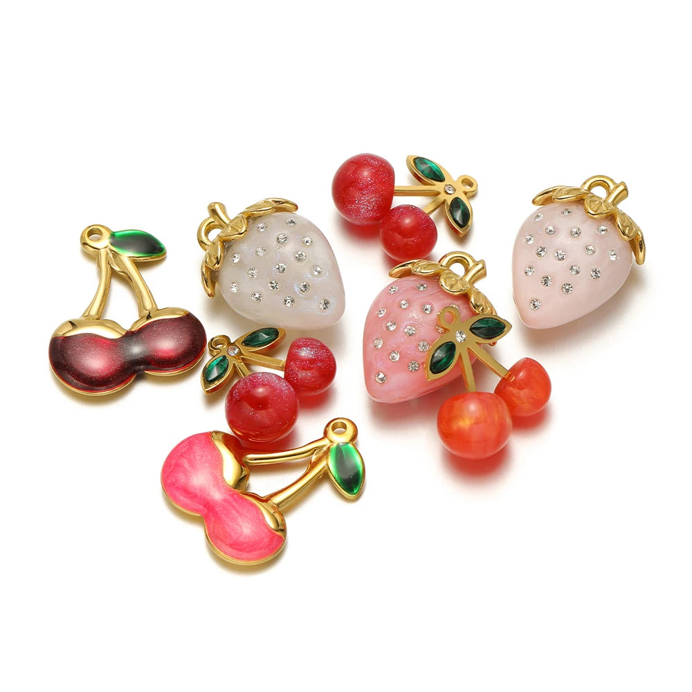 Lovely Fruit Charms 18k Gold Plated Stainless Steel Enamel Cherry Strawberry Zircon Charm Pendant for DIY Jewelry Making