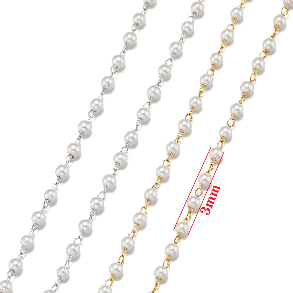 E048 Pearl Beads Chain Gold Silver Stainless Steel Link Waterproof Chain for Necklace Bracelet Making