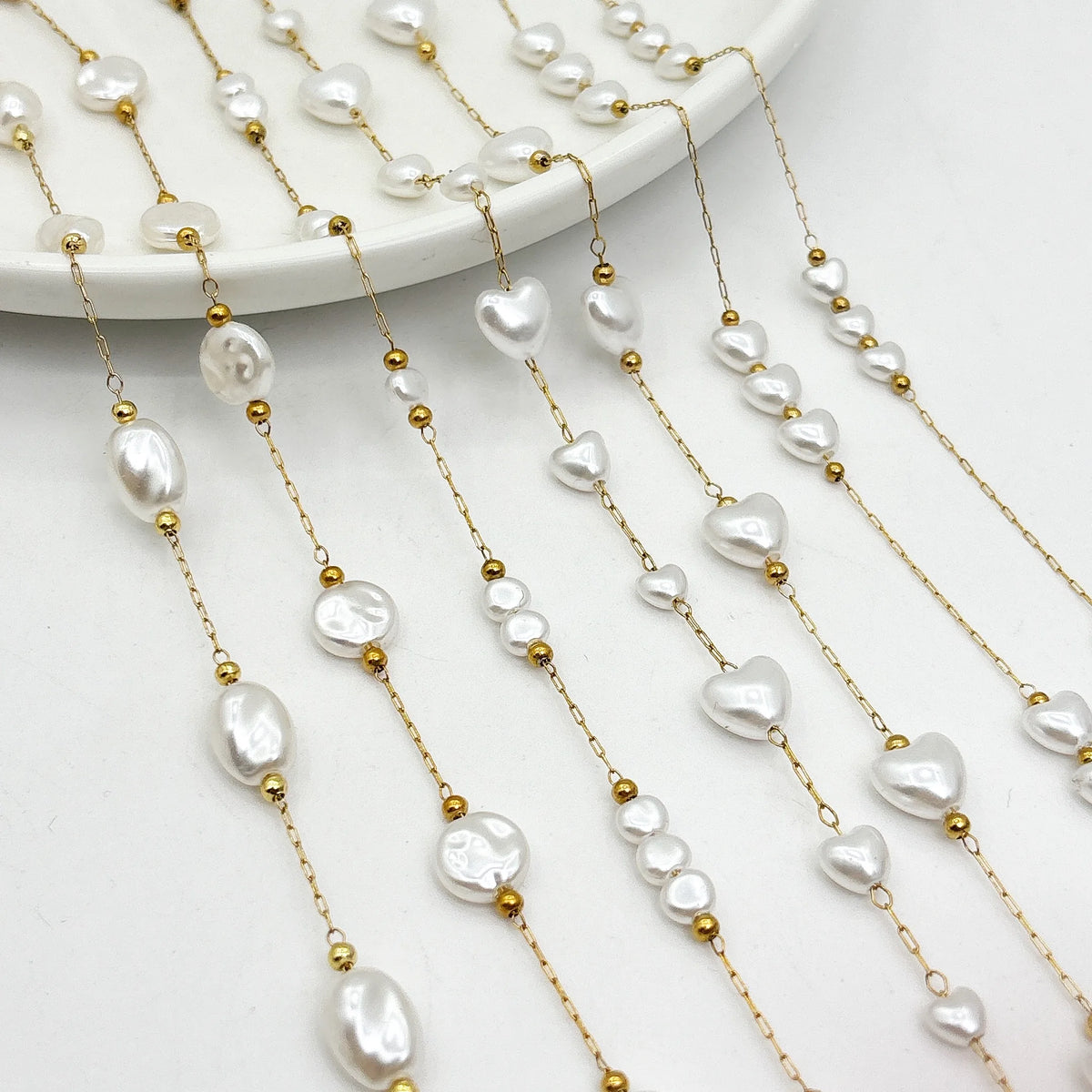 E245 Freshwater Pearl Beads Chain Heart butterfly Round Pearl Link Chain Stainless Steel Permanent Chains for Diy