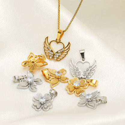 18k Gold Plated Stainless Steel Hollow Butterfly Wing Flower Zircon Charm Pendant for DIY Jewelry Making