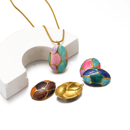 Newest 18k Gold Plated Stainless Steel Color Matching Hollow Oval Enamel Charms Pendant for Jewelry Necklace Earrings Making