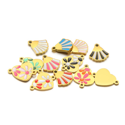 18k Gold Plated Stainless Steel Enamel Fanshaped Ladybird Heart Flower Charm Pendant for Jewelry Making Accessories
